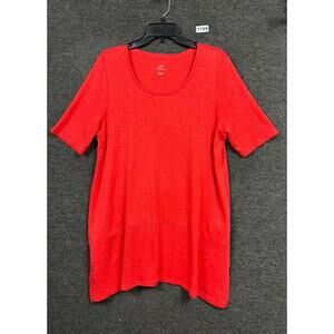 J Jill Pima Dipped Hem Tunic Size L Red Short Sleeves Pullover Scoop Neck